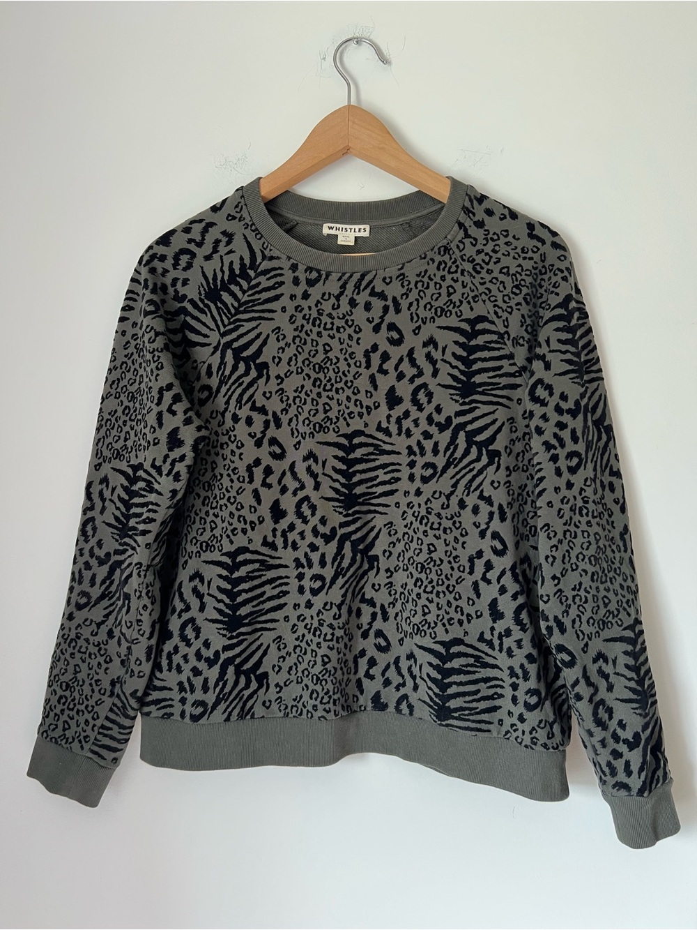 Whistles Dark Gray Green and Black Animal Print Cotton Crewneck Sweatshirt Fall